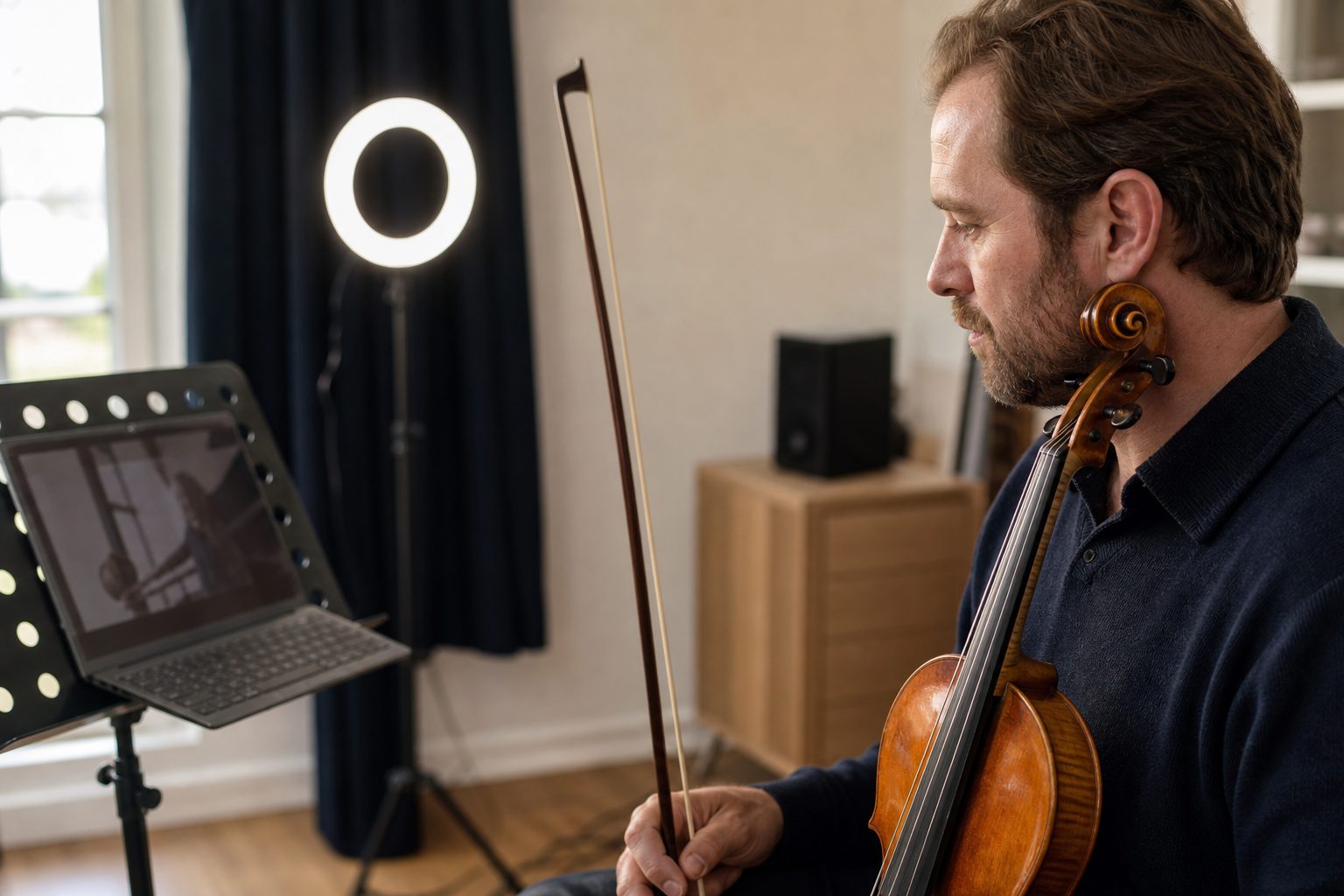 Violin teacher facing a laptop on a music stand during an online lesson in a home studio