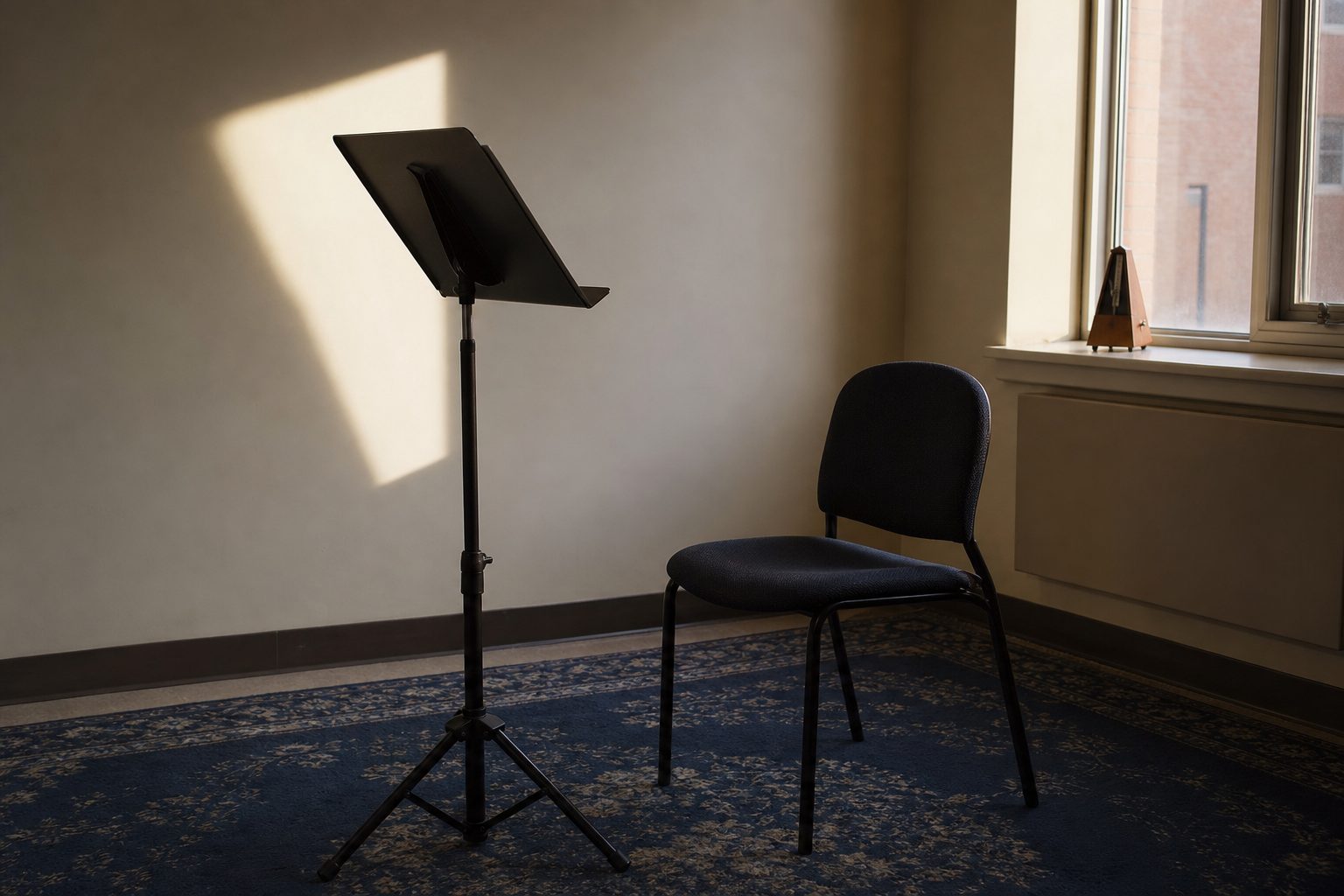 Empty student chair and bare music stand in a quiet teaching room during an unused lesson slot