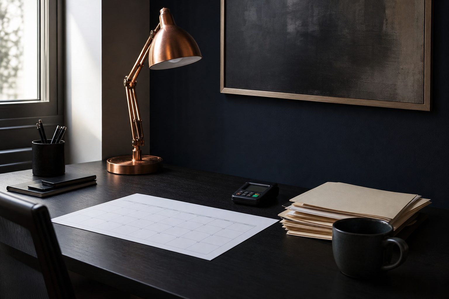 Studio desk with a blank paper billing calendar, card reader and cream folders in morning window light