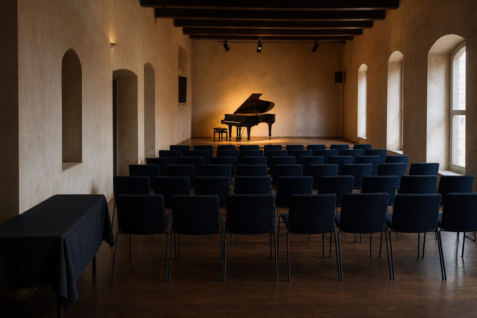 Empty recital hall chairs facing a grand piano before doors open, with a bare program table at the back