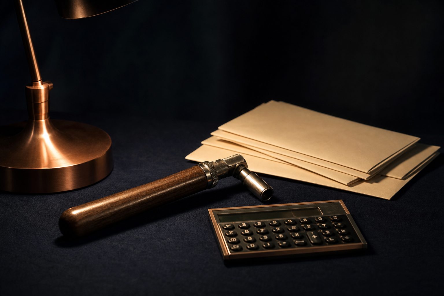 Piano tuning lever, cream envelopes and a pocket calculator arranged on navy felt under a copper lamp