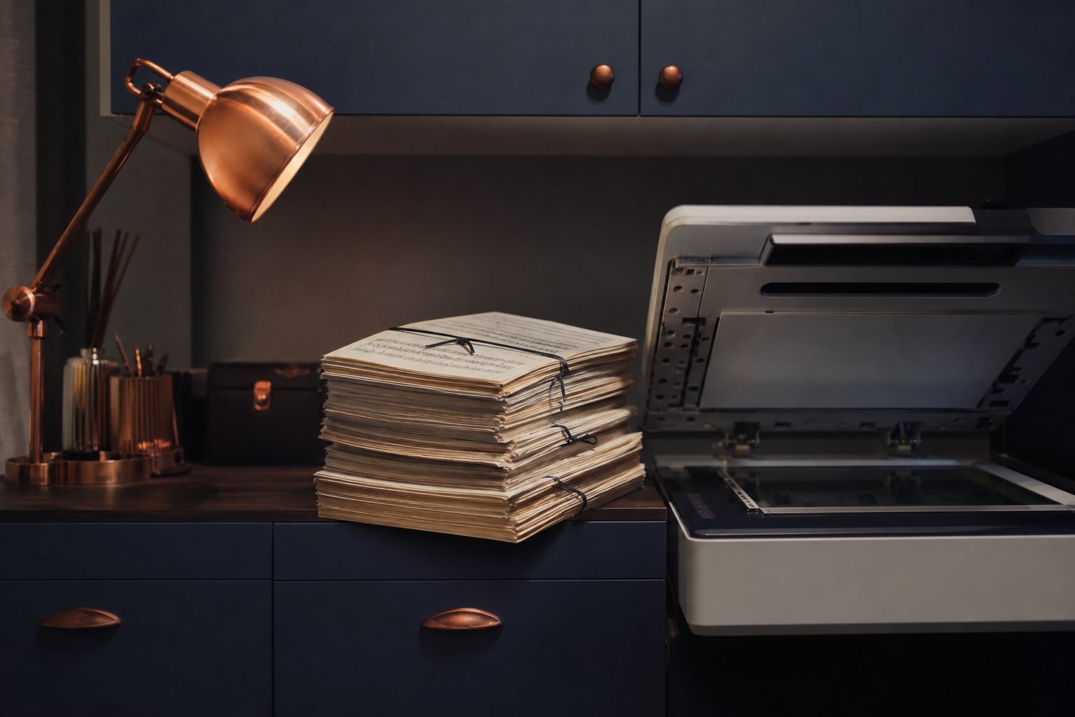 Bound sheet music stacked beside the open lid of a small copier in a music studio back office