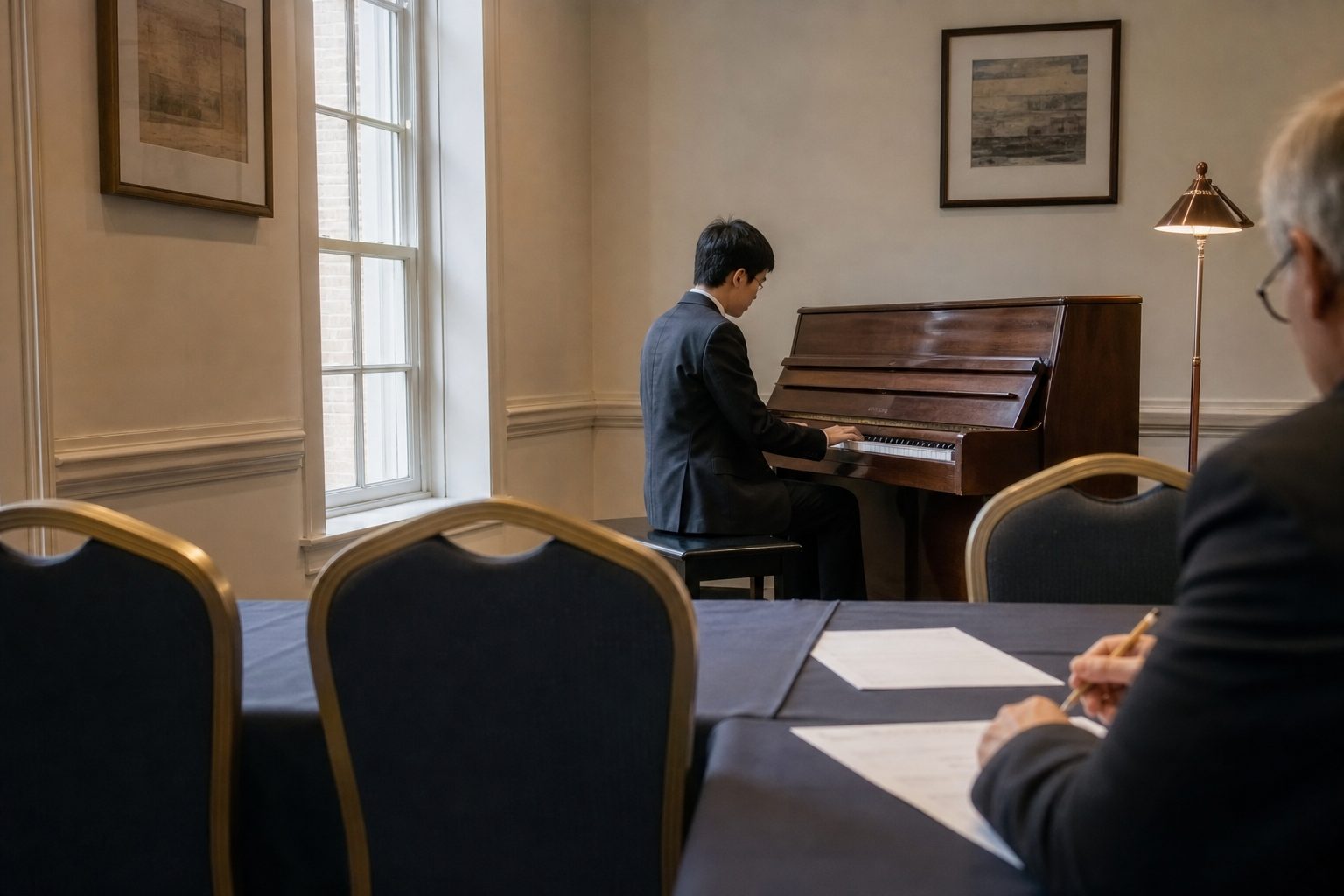 Young pianist at an upright piano viewed from an examiner table holding a pencil and blank forms