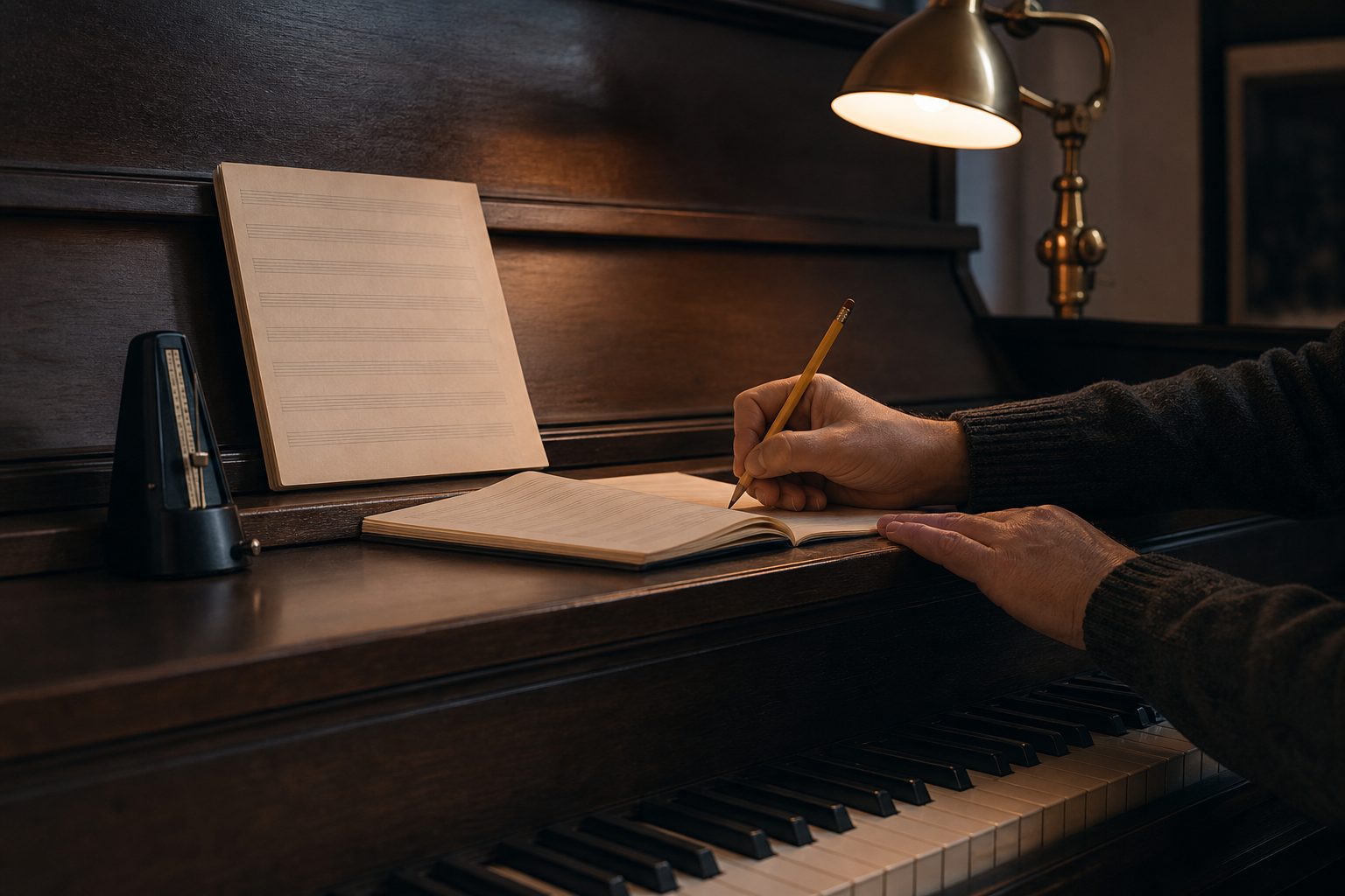 Teacher writing a weekly assignment in a lesson notebook on an upright piano beside a small metronome