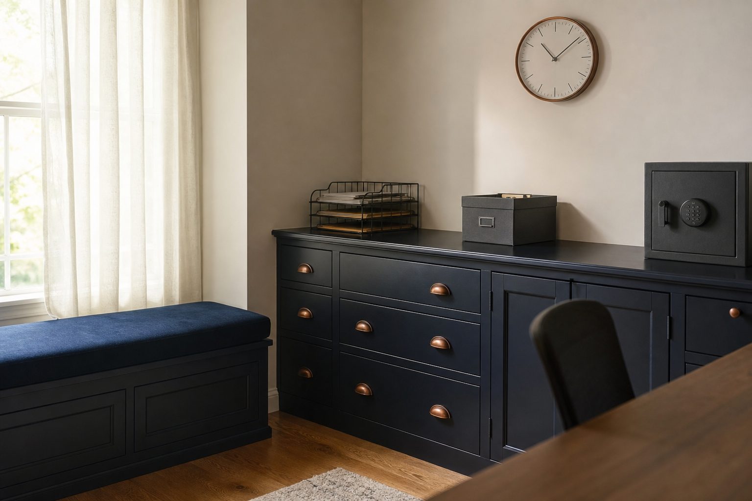Home studio office corner with a filing box, receipt tray and plain wall clock above a navy bench