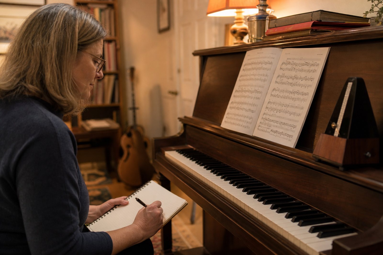 A private piano teacher writing lesson notes in a notebook beside an upright piano in a warm home studio