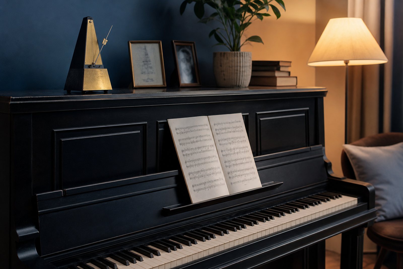 An upright piano with open sheet music and a brass metronome in a quiet home studio under evening lamp light